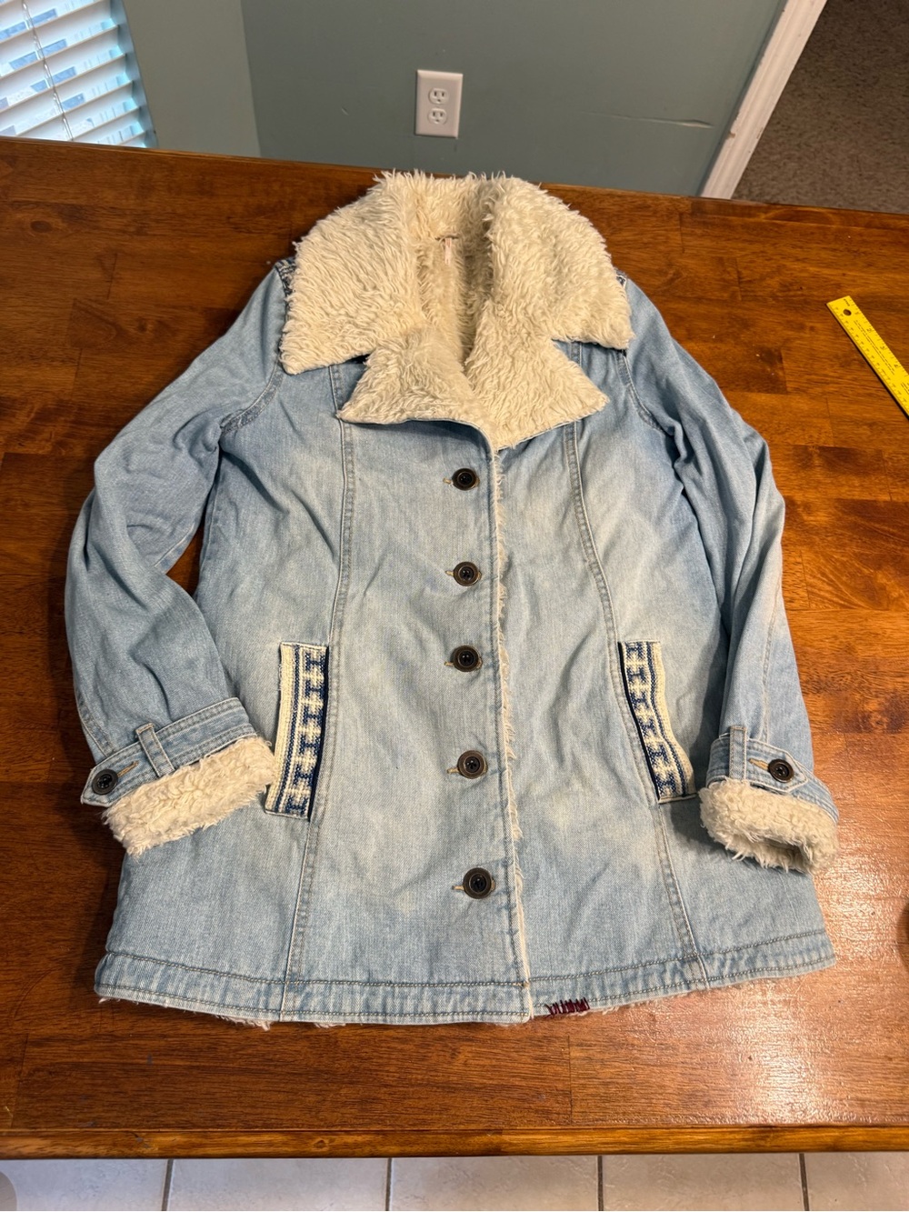 RARE Free People Vintage Denim Sherpa Jacket Embroidered Boho Coat size small